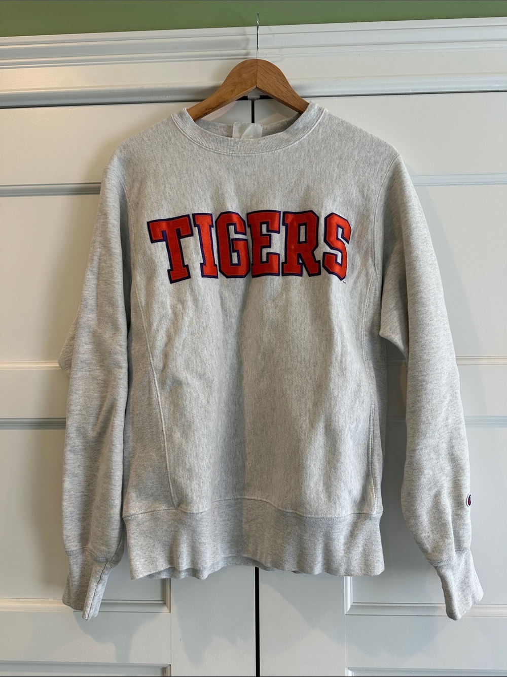 Champion Light Gray Crewneck with orange 'TIGERS' Lettering
